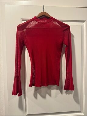 Red Mesh Long-Sleeve Women's Top